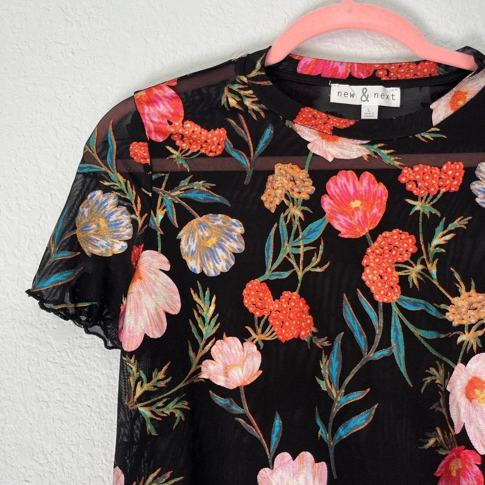 New & Next Metallic Floral Print Black Mesh Ruffle Sleeve Top Size L - Picture 3 of 5